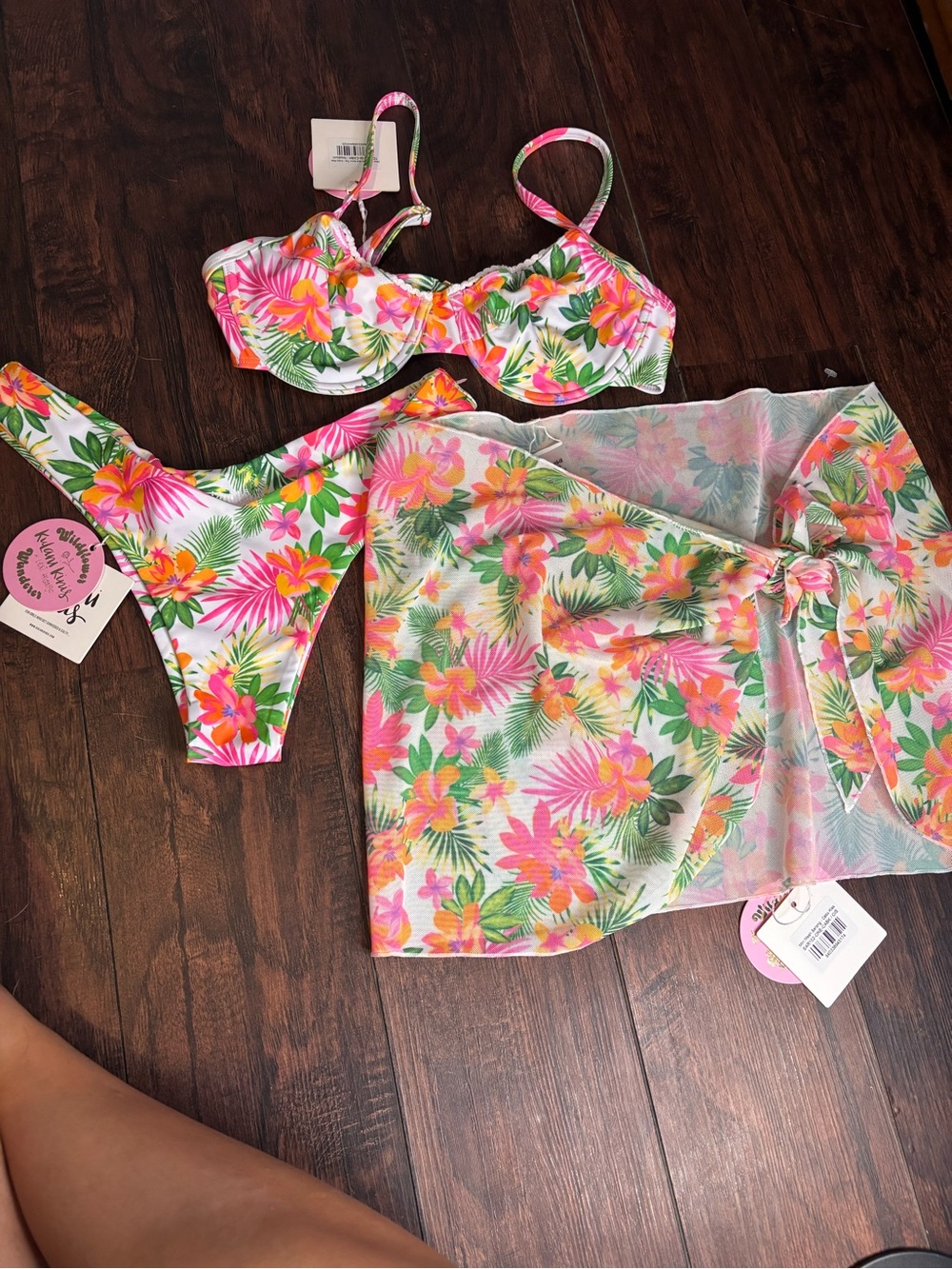 Kulani Kinis Pink & Green Tropical Underwire Bikini Set with Sarong